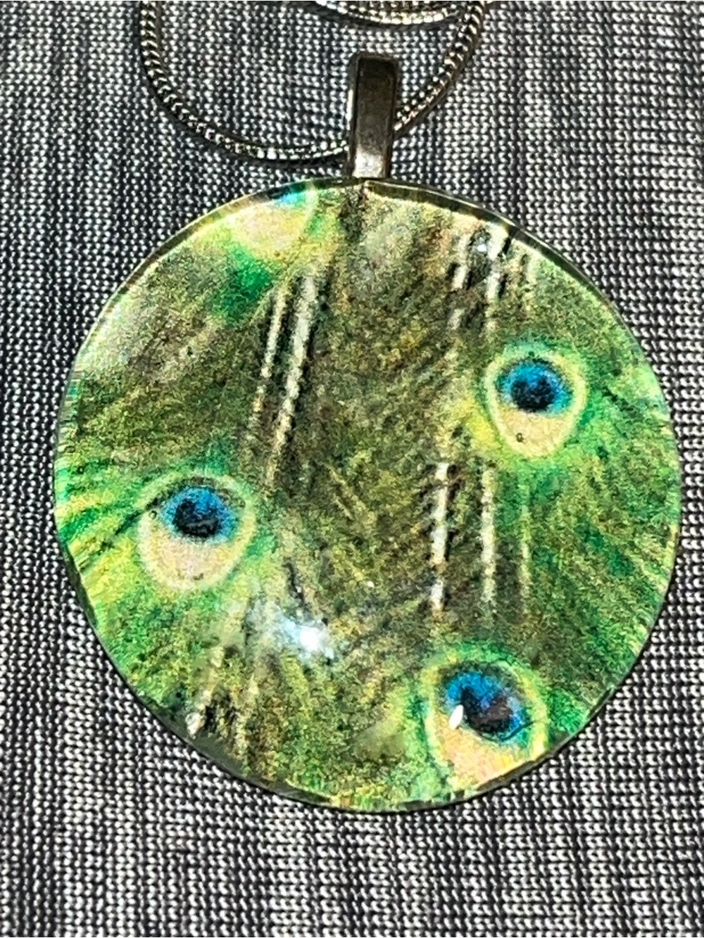 Handmade Peacock Feather Art Pendant Necklace 20.5” Statement Jewelry